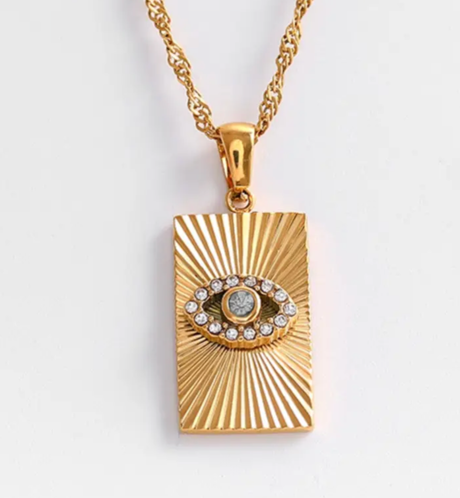 Golden Ray Evil Eye Pendant Necklace – Crystal Protection Amulet