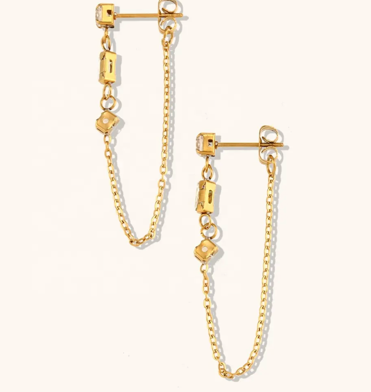 Chain Earring- 3 CZ station Chain Stainless Steel 14K Gold