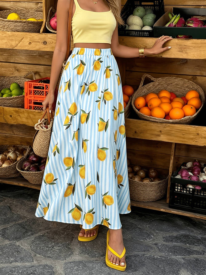 Striped Colorful A-Line Beach Flowy Skirt Blue Stripes With Lemons