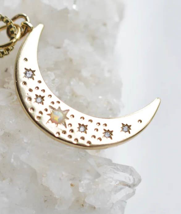 Crescent Moon Opal and Crystal Steel 14K Gold Necklace