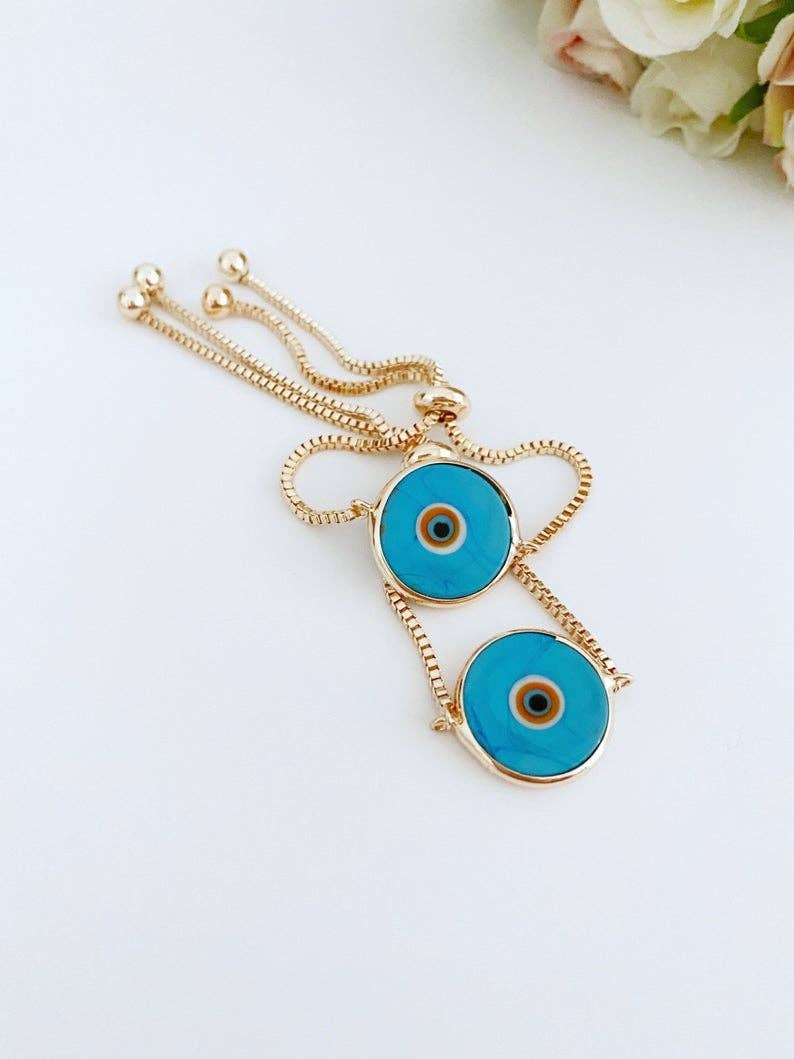 Murano Evil Eye Bracelet, Adjustable Rose Gold Bracelet, Baby Blue Evil Eye Bead