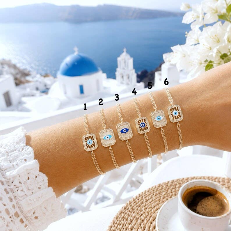 Blue Evil Eye Gold Chain Bracelet, Adjustable Dainty Style