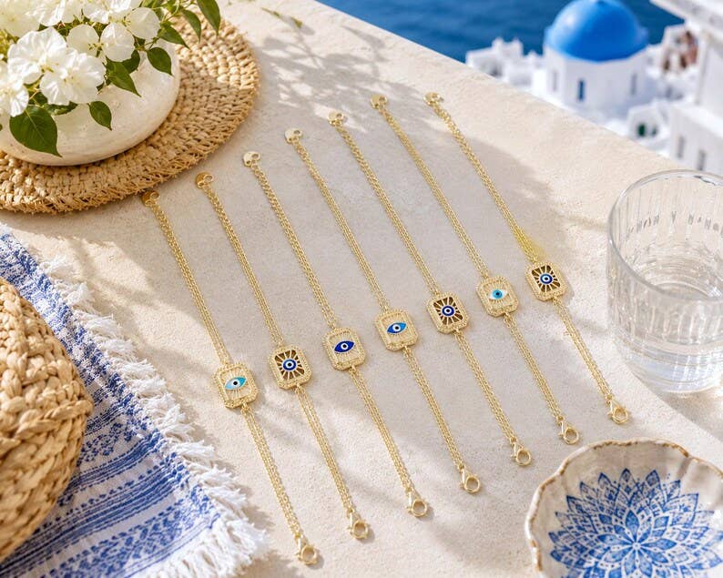 Blue Evil Eye Gold Chain Bracelet, Adjustable Dainty Style