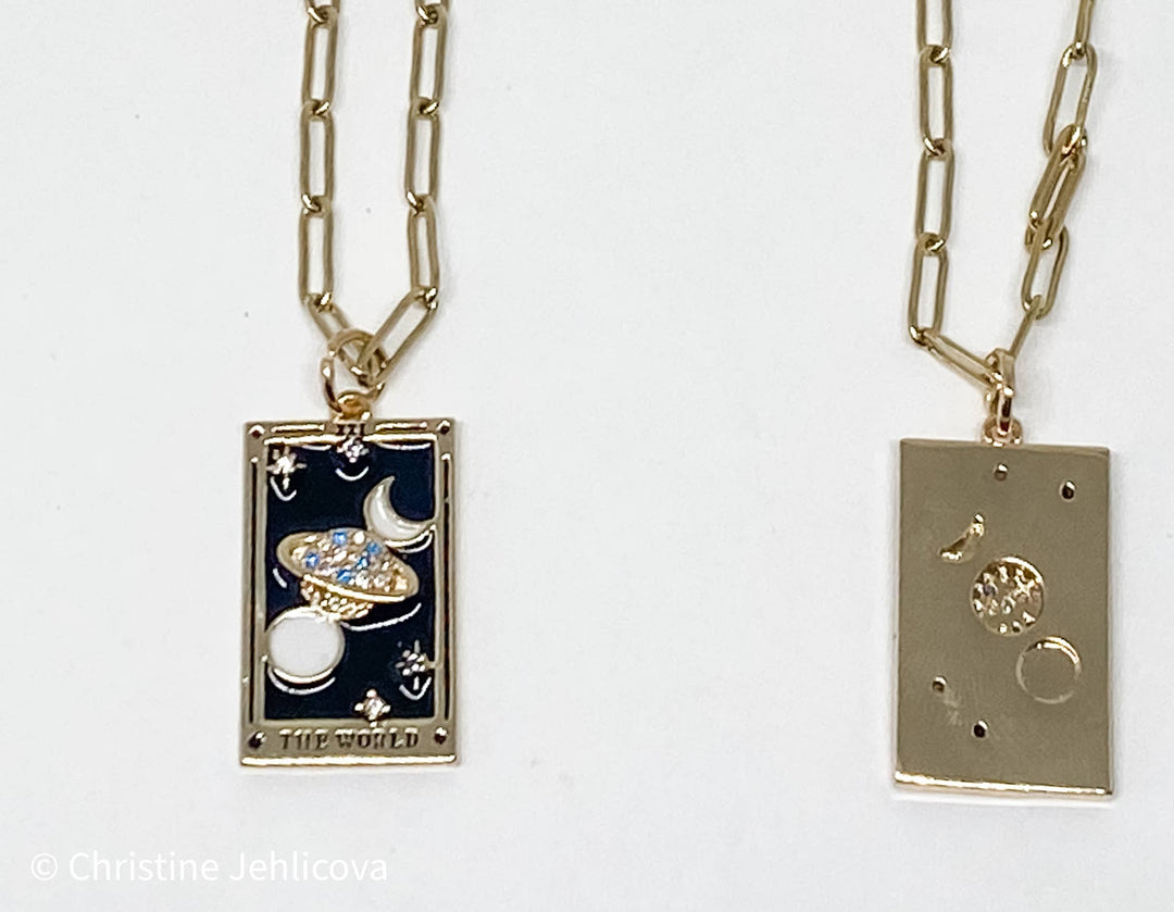 The World Enamel Tarot Card Necklace 18K with paperclip chain