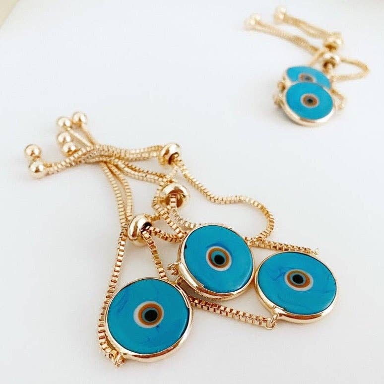 Murano Evil Eye Bracelet, Adjustable Rose Gold Bracelet, Baby Blue Evil Eye Bead