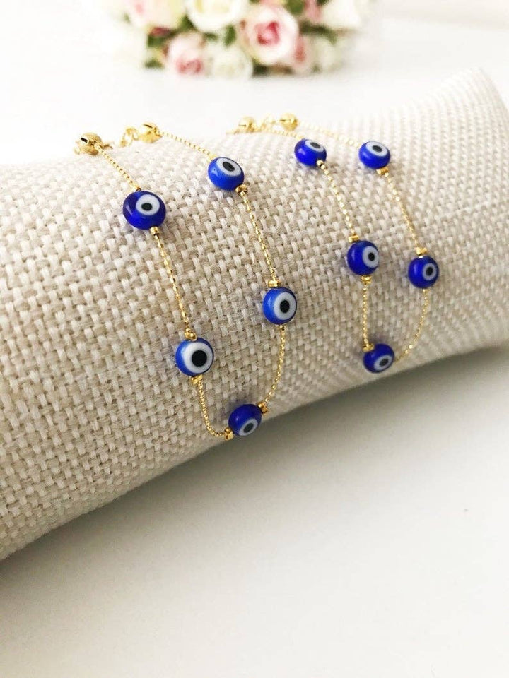 Blue Evil Eyes on Dainty Gold Bead Chain Bracelet