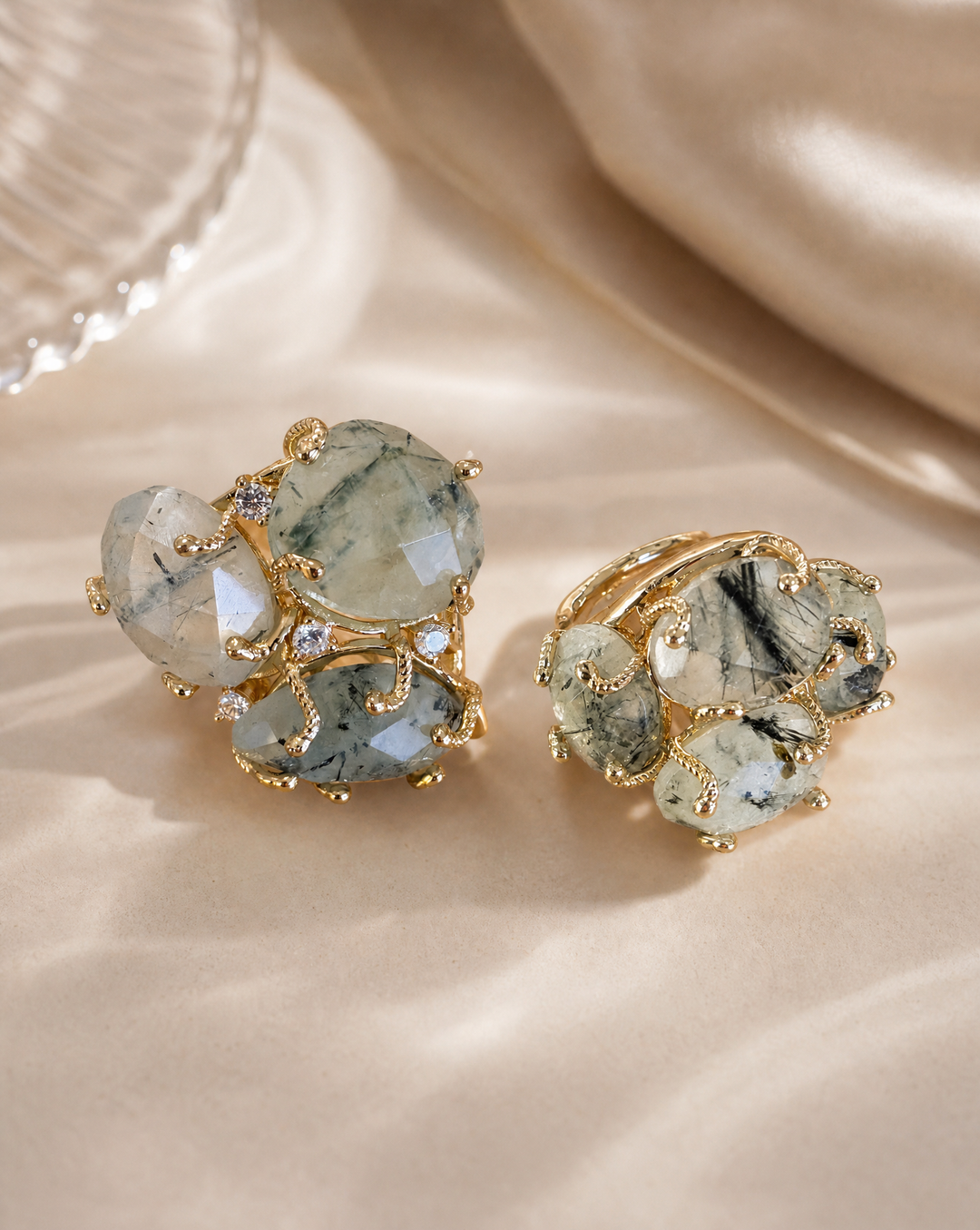 Prehnite Multi-Stone Statement Ring | Adjustable Open Band | Gemstone Cocktail Ring