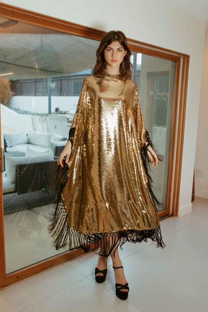 Gold Sequin Mock Neck Caftan Dress with Slip-Midnight Cabaret