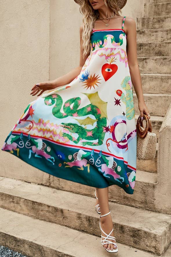 Wonderland print swing strap fairy midi dress