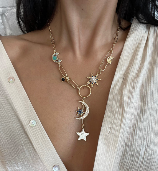 Celestial Coin Charm Hamsa Necklace with Lariat Moon