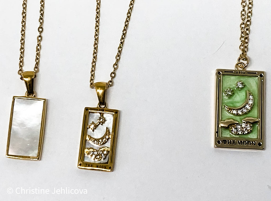 The Moon Enamel Tarot Card Necklace 18K with rhinestones stones