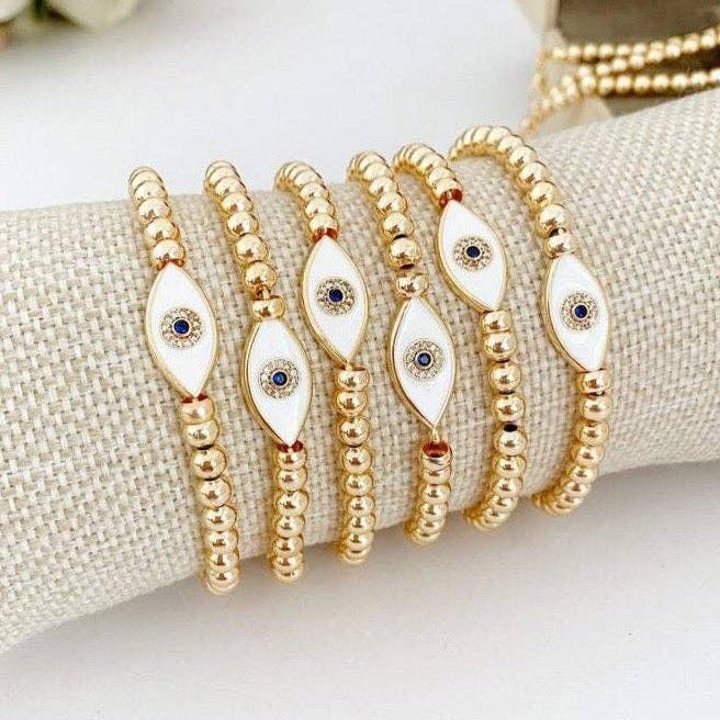 White and Gold Beaded Evil Eye Waterproof Bracelet