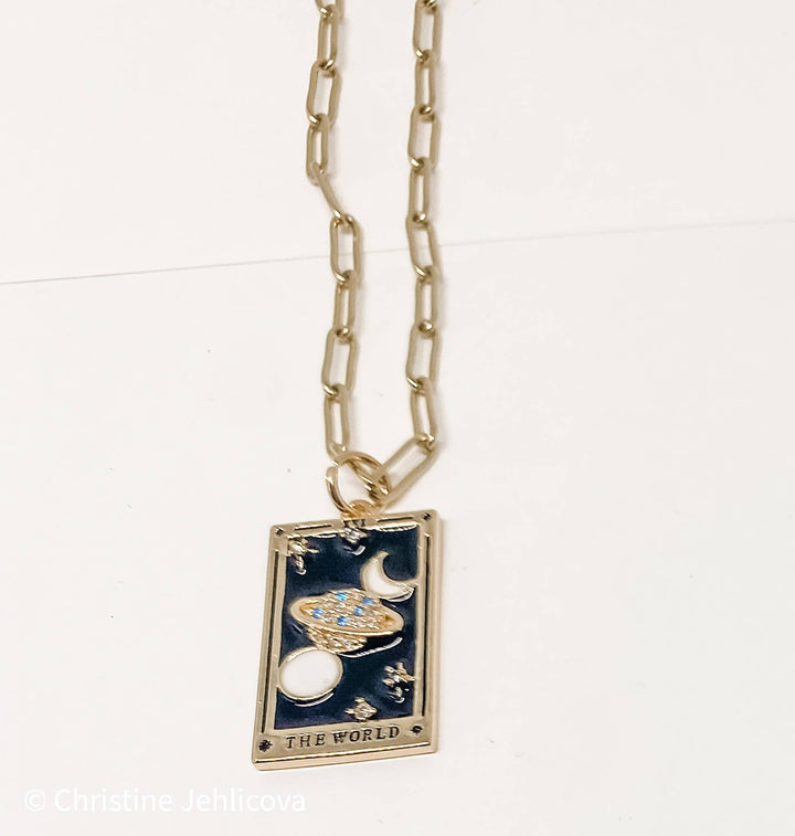 The World Enamel Tarot Card Necklace 18K with paperclip chain