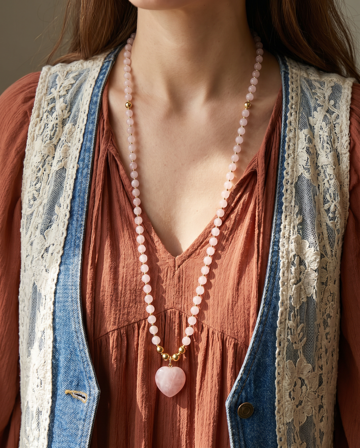 Rose Quartz Beaded Necklace | Handmade Boho Heart Necklace