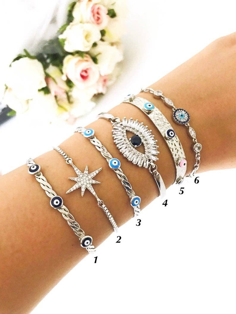 Silver Evil Eye Bracelet Set, Silver Bangle Bracelet, Cz Baguette Bracelet