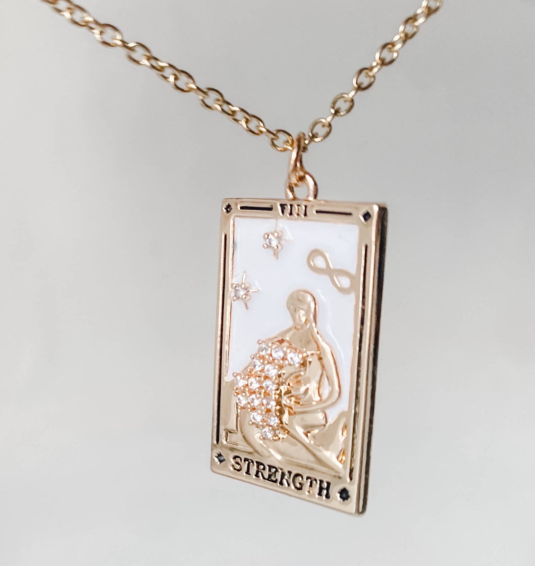 Tarot Card Necklace- Strength- Wrestling a Lion. 18K Gold