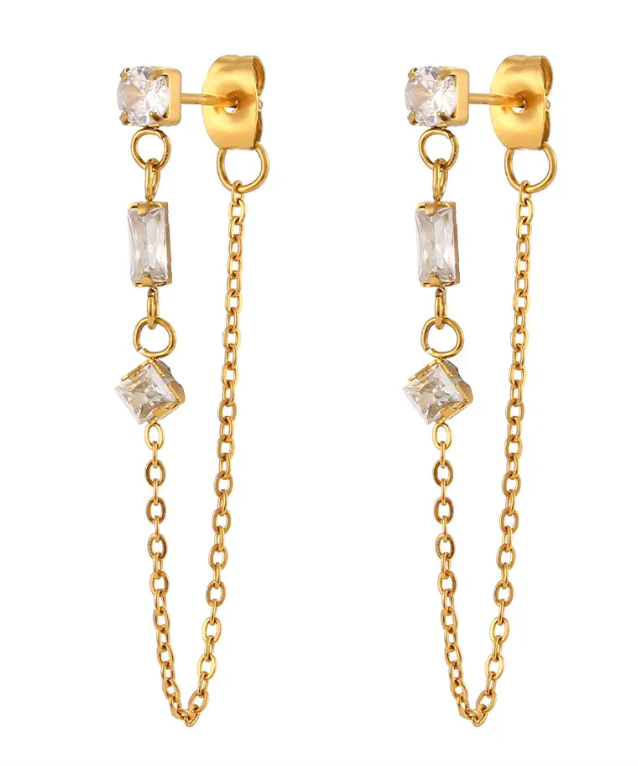 Chain Earring- 3 CZ station Chain Stainless Steel 14K Gold