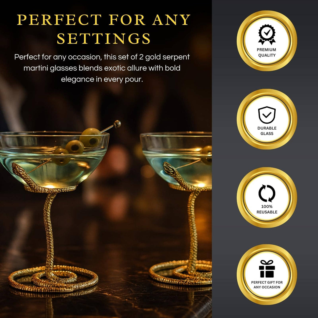 Snake Serpent Cocktail & Martini Glasses - 2 Set Gold Design