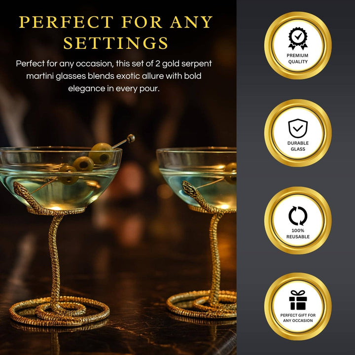 Snake Serpent Cocktail & Martini Glasses - 2 Set Gold Design