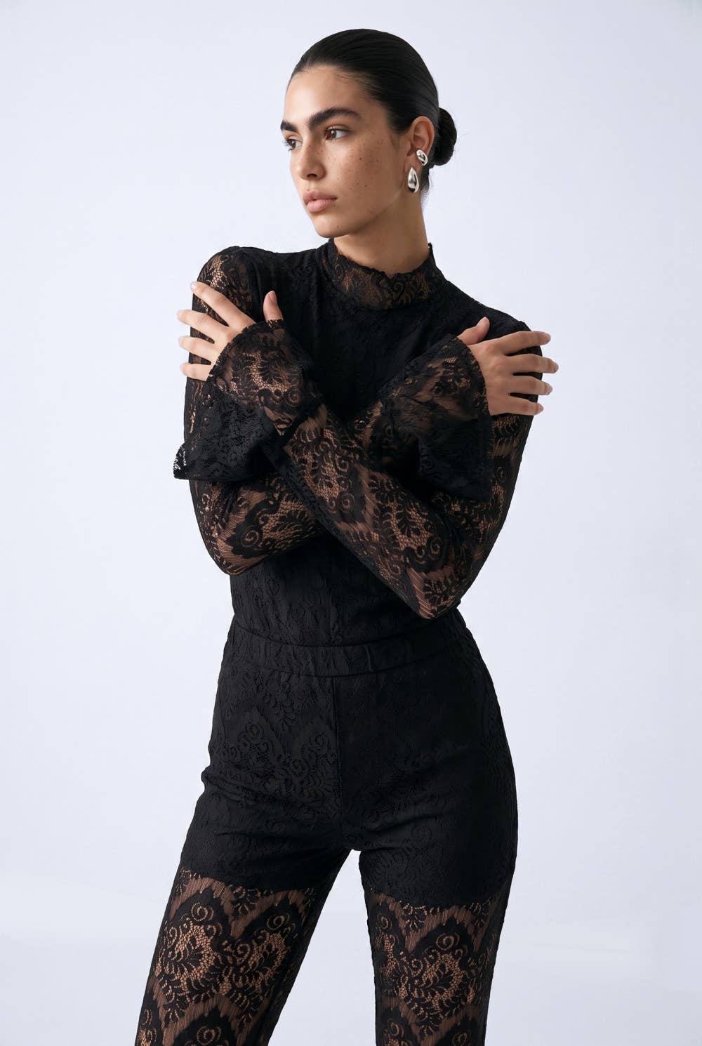 Floral Lace Bodysuit And Flared Trouser Set