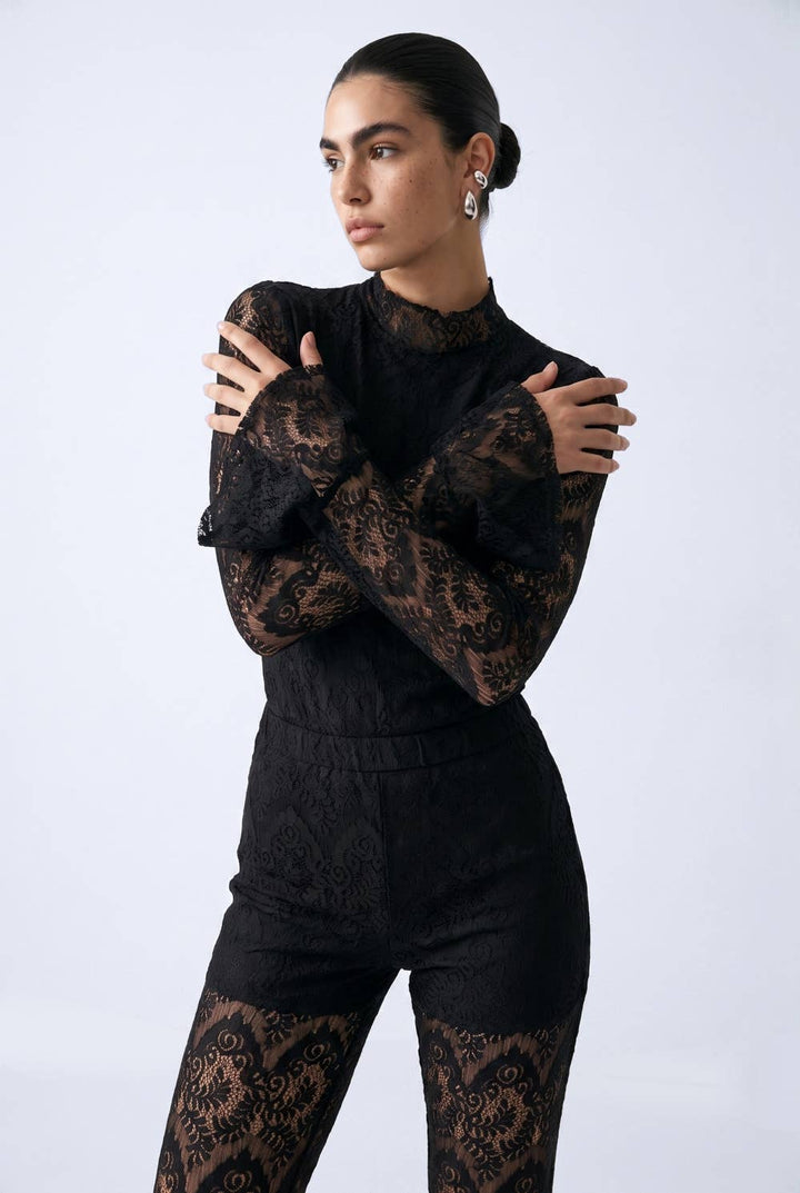 Floral Lace Bodysuit And Flared Trouser Set