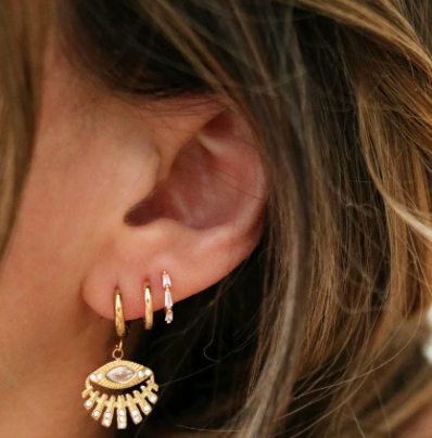 Evil Eye Charm Hoop Earrings- Stainless Steel 14K