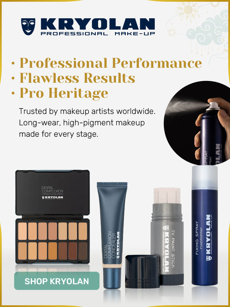 Kryolan professional makeup including Digital Complexion foundation palette, concealer, and fixing spray — shop at The Makeup Altar