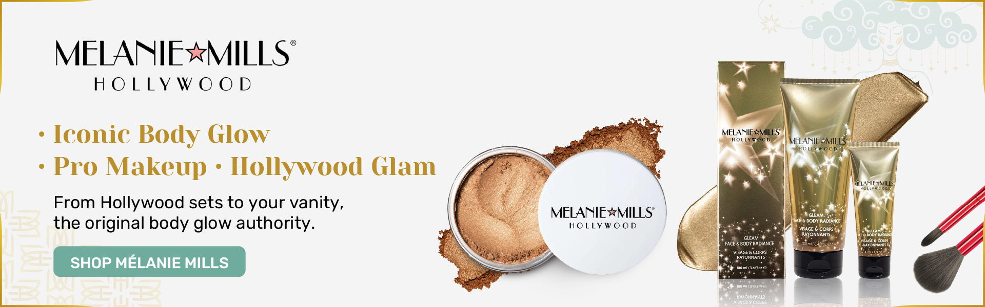 Melanie Mills Hollywood — iconic body glow and Hollywood glam makeup, the original body glow authority, available at The Makeup Altar