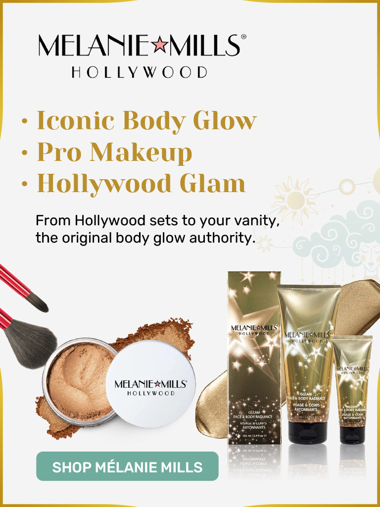 Melanie Mills Hollywood body glow and pro makeup collection featuring Gleam Face & Body Radiance — shop at The Makeup Altar