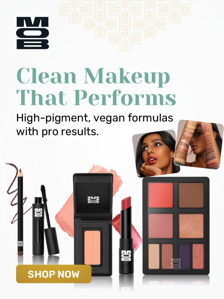 MOB Beauty clean makeup collection featuring high-pigment vegan lipstick, mascara, and eyeshadow palette — shop at The Makeup Altar