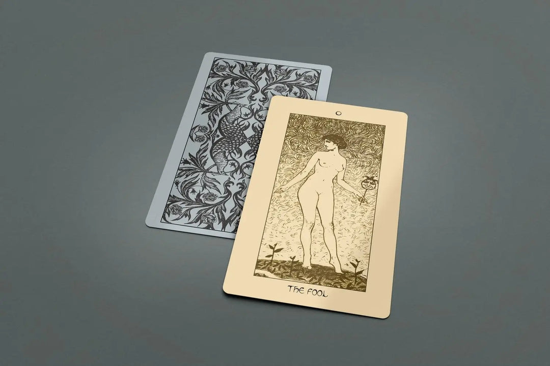 This picture demonstrates the back and front of a card from the Regal Shadow Tarot Deck