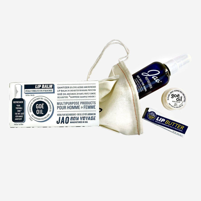 Jao products including lip balm, oil, and butter with a white pouch on a white background