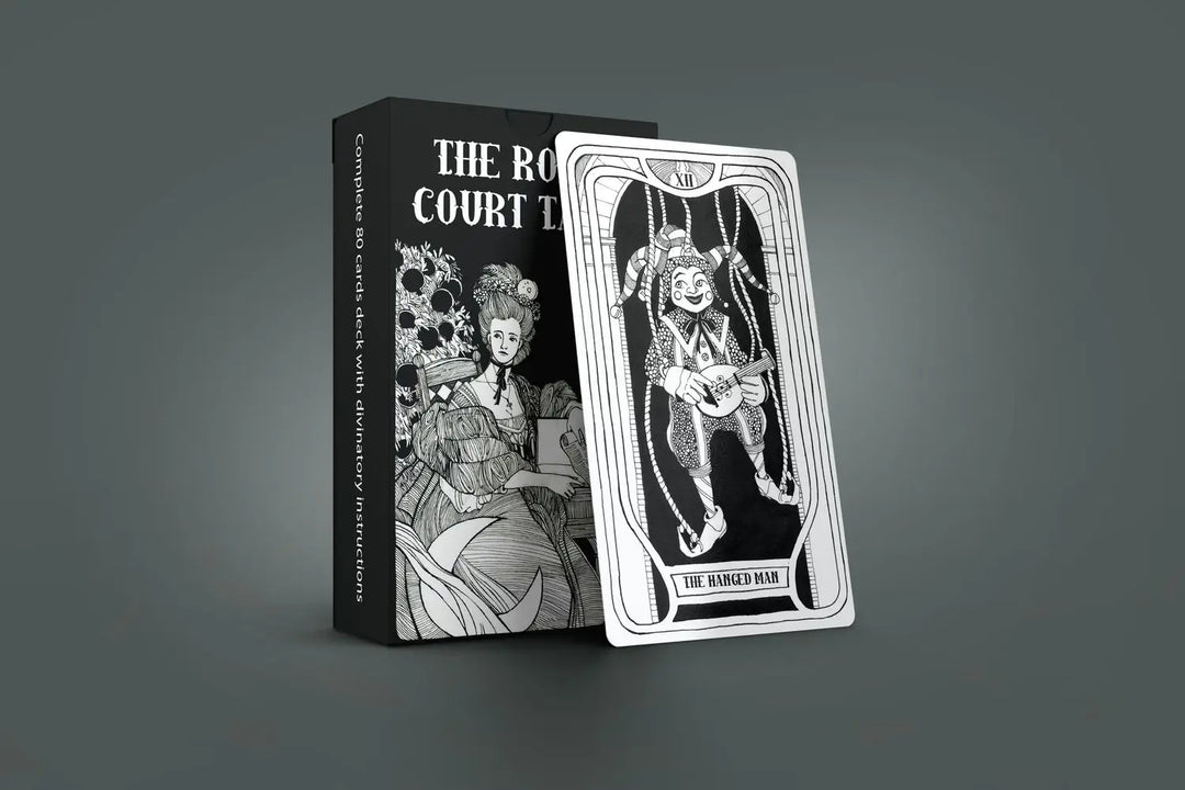 This picture shows the front of the box along with one of the cards included in the deck. It is a classic deck all done in black and white.