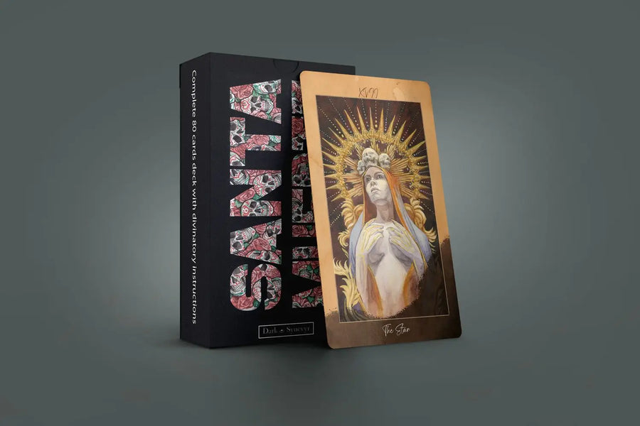 This picture shows the Santa Muerte Tarot Card Deck along with one of the beautiful cards included in the deck.
