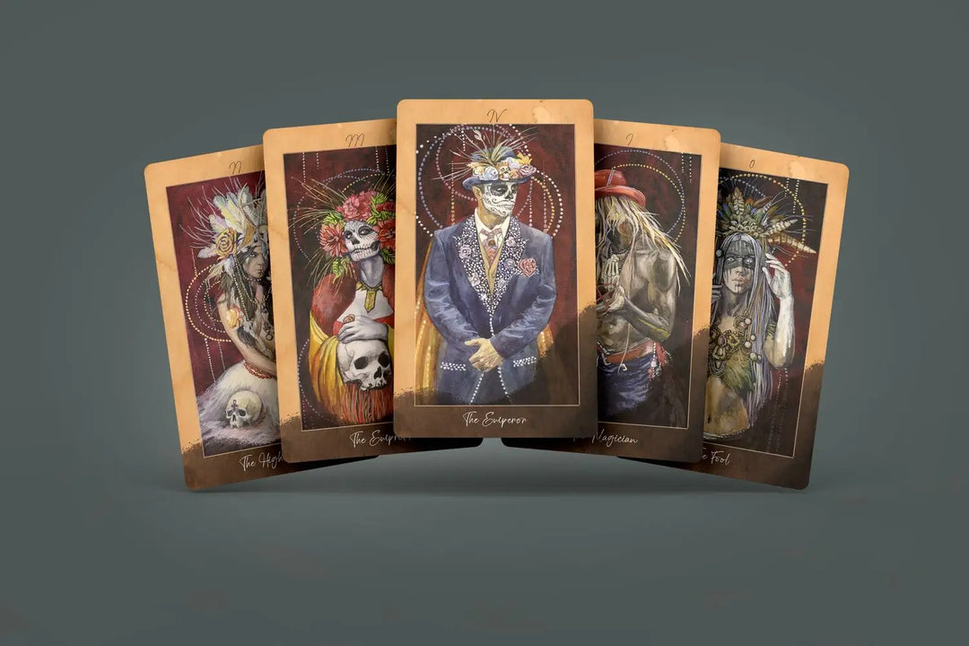This depicts 5 cards in the deck displaying the battle between life and death.