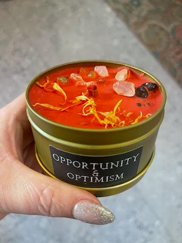 This is the front of the Opportunity and Optimism candle