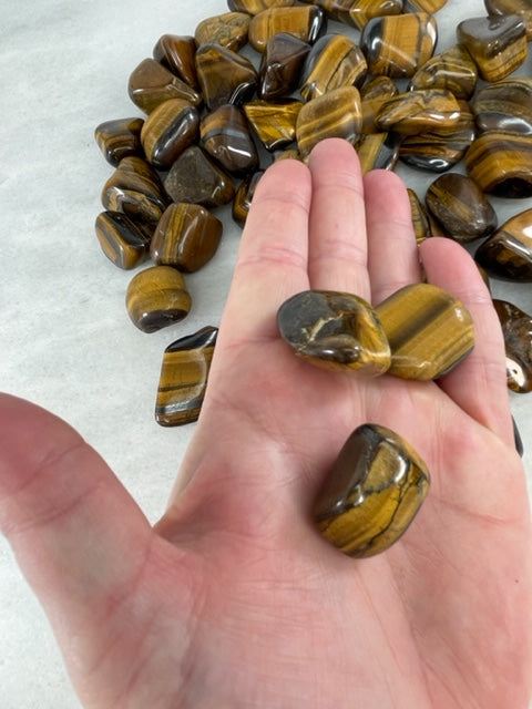 Tigers Eye Tumblers in the palm of a hand