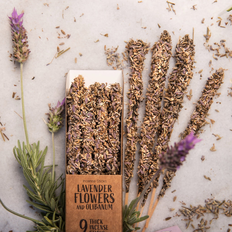 Lavender Flowers & Herbs Incense in and out of the box show casing their beauty