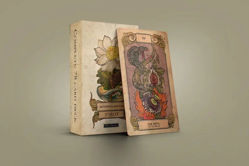 This is the Botanica Oculta Tarot Card Deck along with a card from the deck to give you a glimpse into the deck.