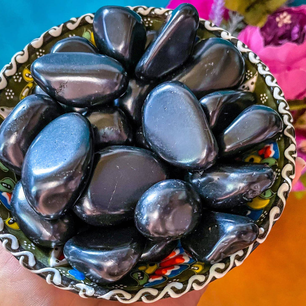 Polished Shungite Tumbles in a bowl from above